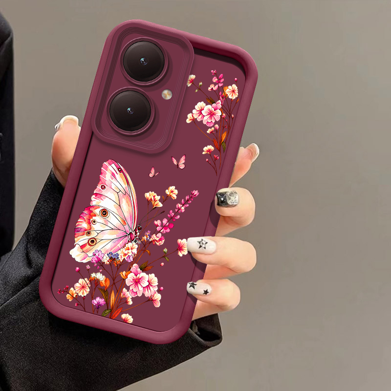 Vivo Y28 - Vivo Y21、Y21S、Y22S、Y27、Y28、Y29、Y30、Y31、Y36、Y38、Y39対応、ピンクの花柄と蝶の模様が描かれた、柔らかいTPU素材の耐傷性スマホケース。